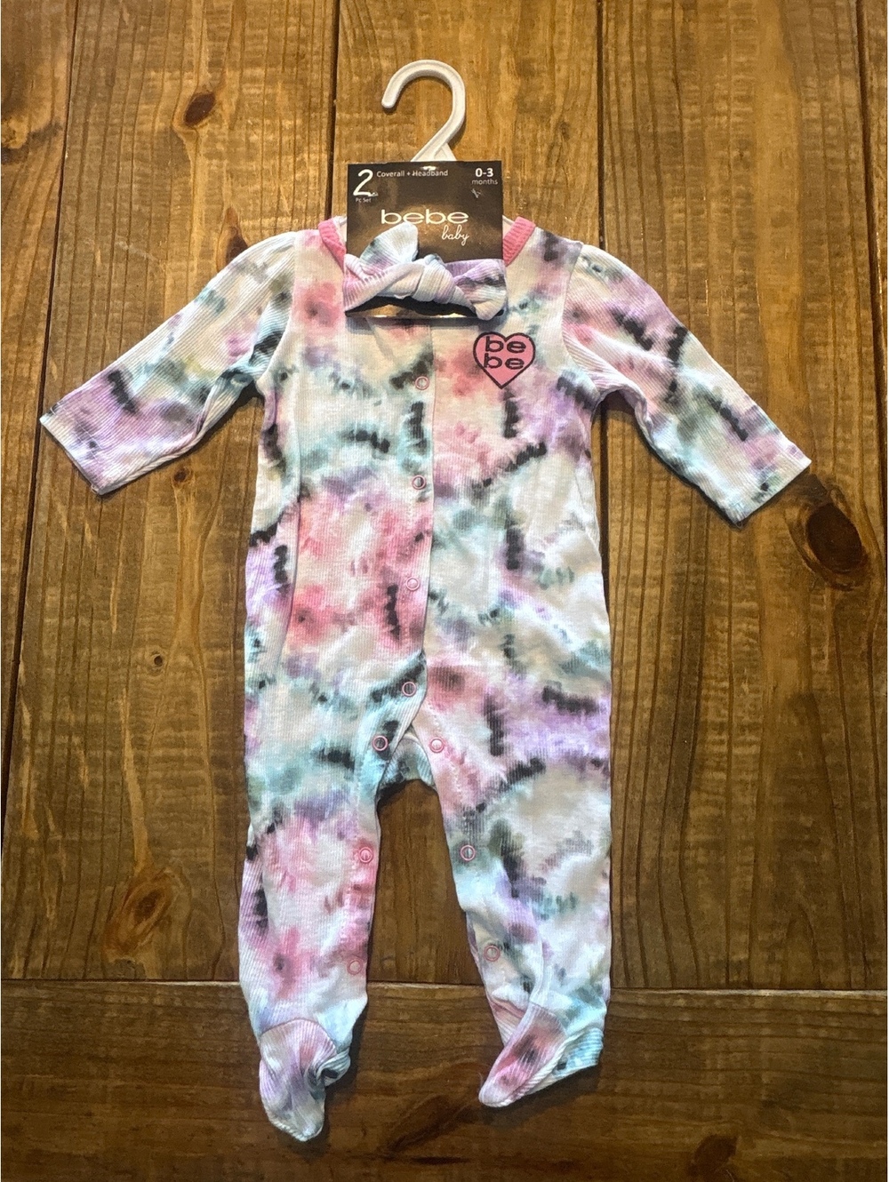 New bebe baby Tie-Dye Footed Sleeper Matching Headband 0-3 Months Girls outfit